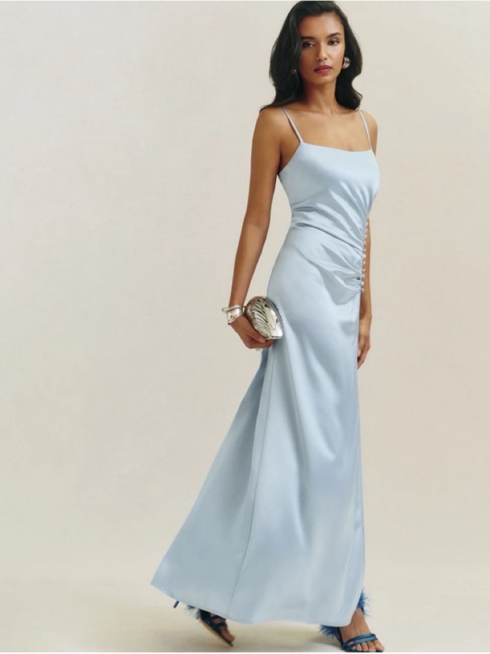 Light Blue Satin Spaghetti-Strap Evening Dress